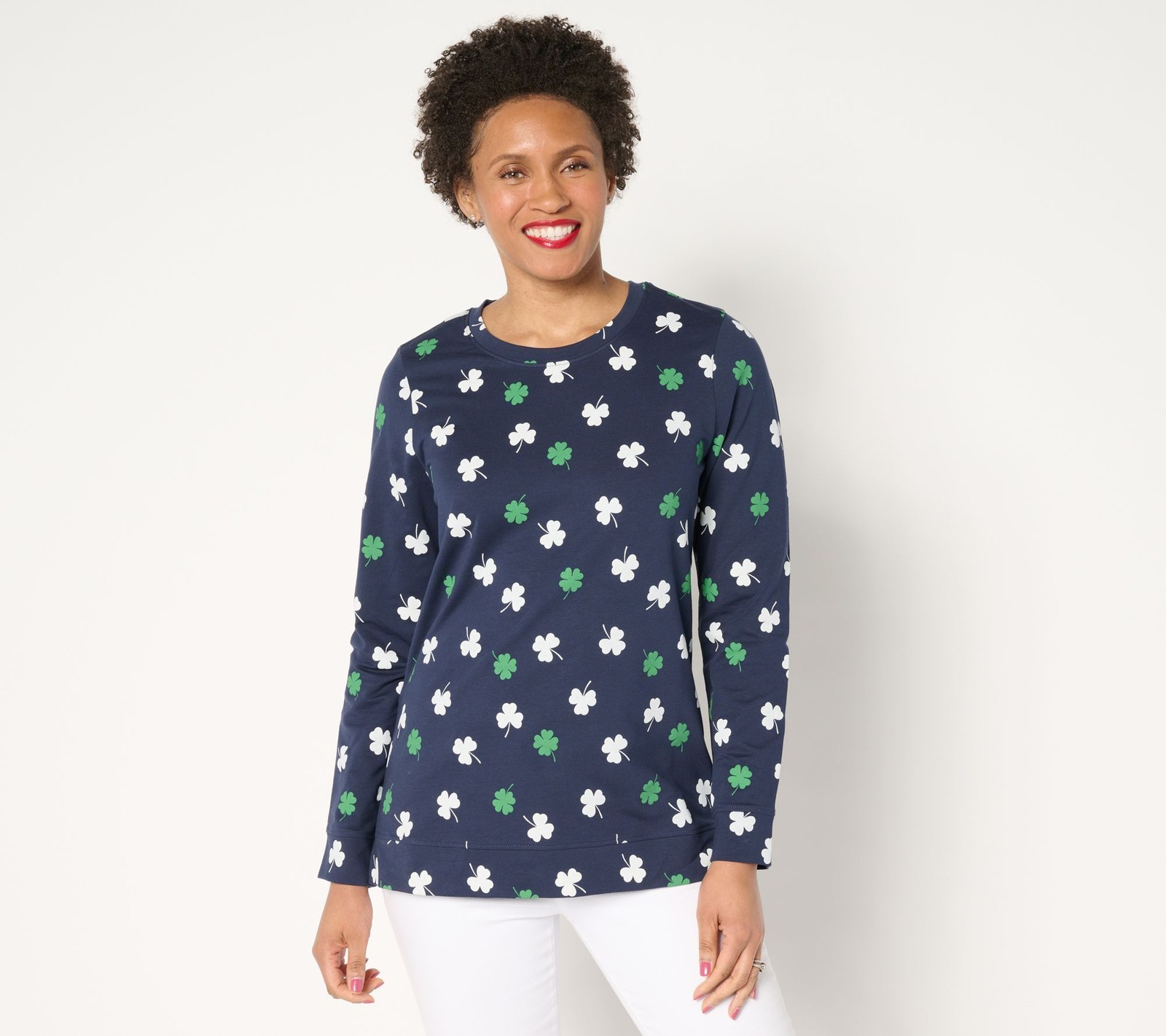 Denim & Co. Women's Top Plus Sz 2X Printed French Terry Sweatshirt Blue A685022