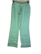 Vintage 90s Womens Medium Teal Blue Linen Flowy Pull On Pants Coastal