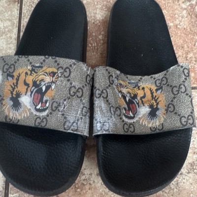 Gucci GG Supreme Tiger Slide Sandals Men's Size 9 Black Beige Yellow
