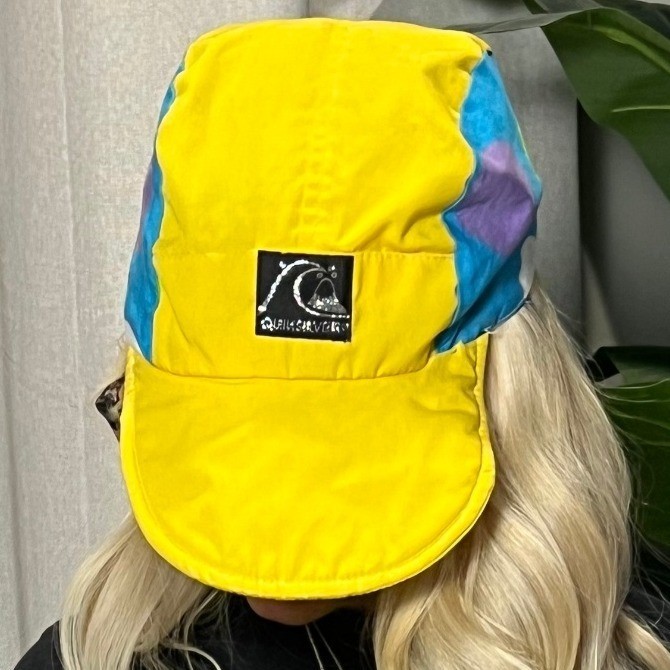 VINTAGE Quiksilver 5 Panel Hat Yellow Blue Purple Abstract R