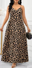 Women Brown Black Leopard Print Maxi Dress Sleeveless V-Neck Strappy Pockets M/L