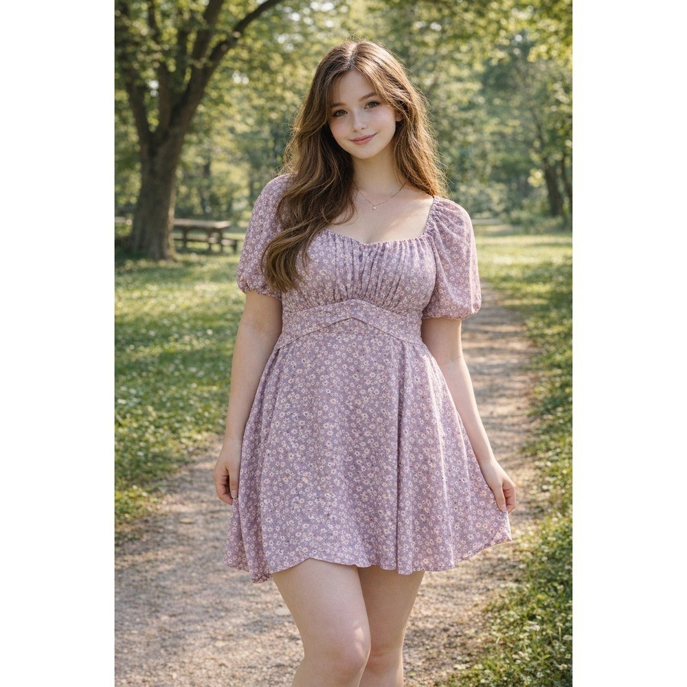 Arula Raella Purple Floral Puff Sleeve Mini Dress Square Neck Cottagecore Size X