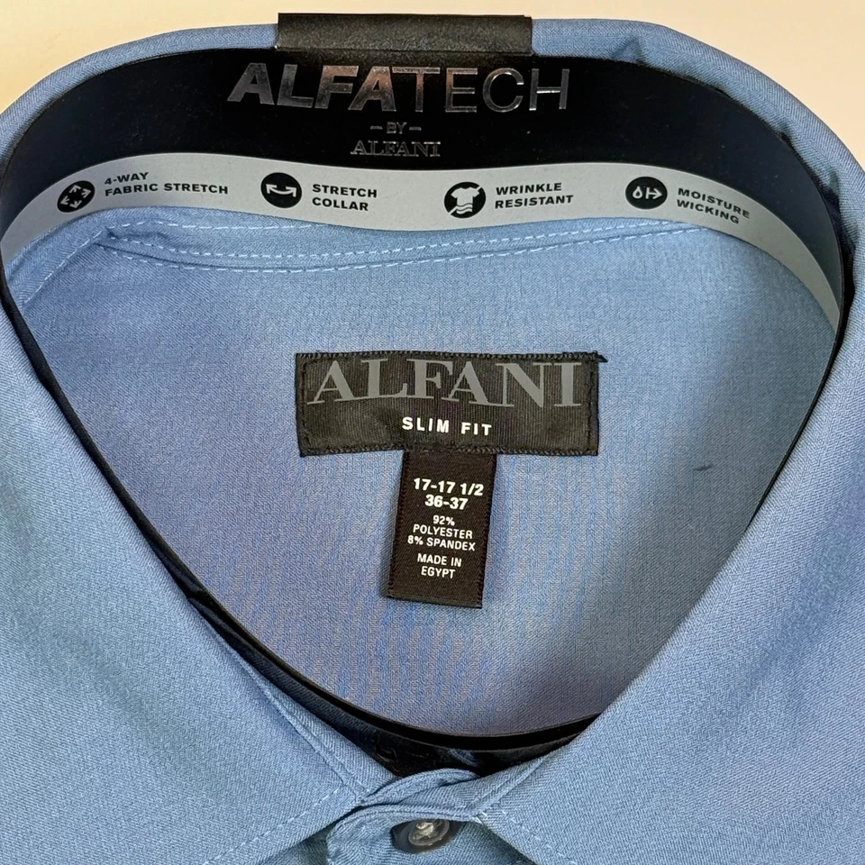Camisa social masculina Alfani nova 17-17.5 36/37 azul manga longa sólida botão slim fit - Imagem 4 de 4