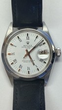 Rolex Date 1500 Mens Stainless Steel Watch Black Leather Band White Roman Dial