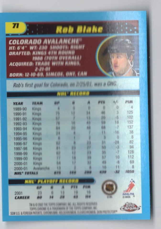 2001-02 Topps Chrome Rob Blake Colorado Avalanche #71 - Image 2 of 2
