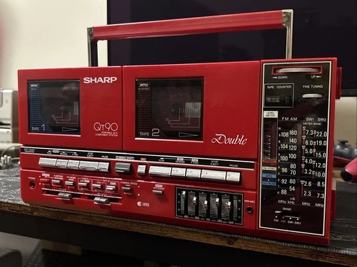 SHARP QT-90ZR Boombox Double Radio Cassette Player Table Component System RED