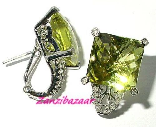 14K WHITE GOLD PRINCESS-CUT LEMON QUARTZ & DIAMOND OMEGA EARRINGS - Image 3 of 4