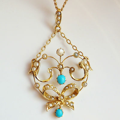 Antique Edwardian 9ct Gold Turquoise Pearl Lavaliere Pendant