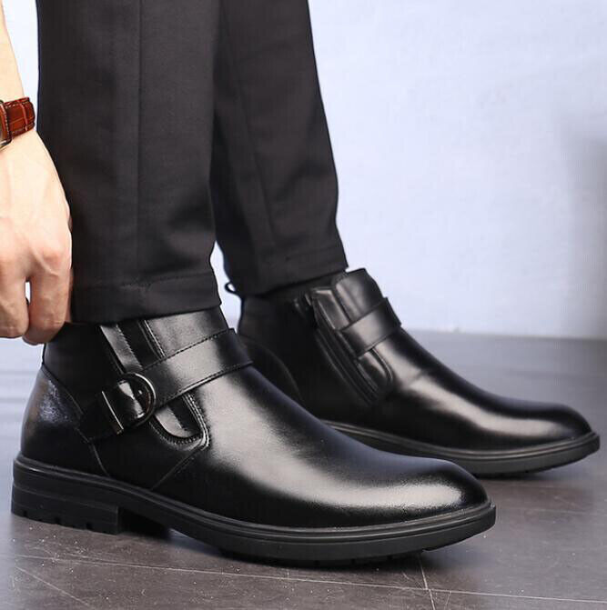 Mens Cow Leather Ankle Chelsea Boots Cuban Heel Warm High Top Dress Formal | eBay
