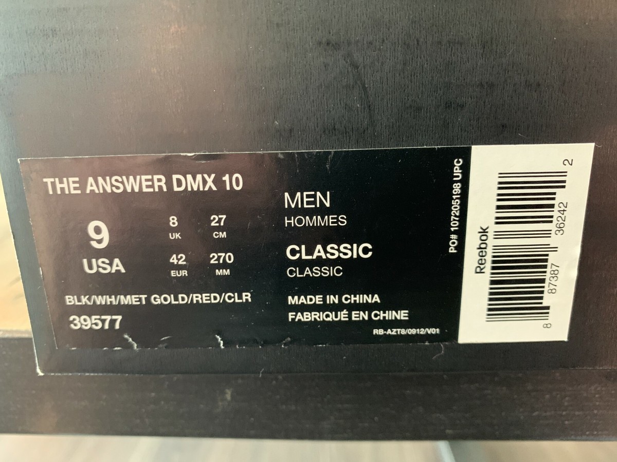 Reebok The Answer DMX 10 Black New in Box DS Size 9 Allen