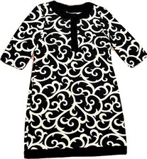 Karin Stevens Dress Womens 10 Black White Shift Damask Swirl Print 3/4 Sleeves