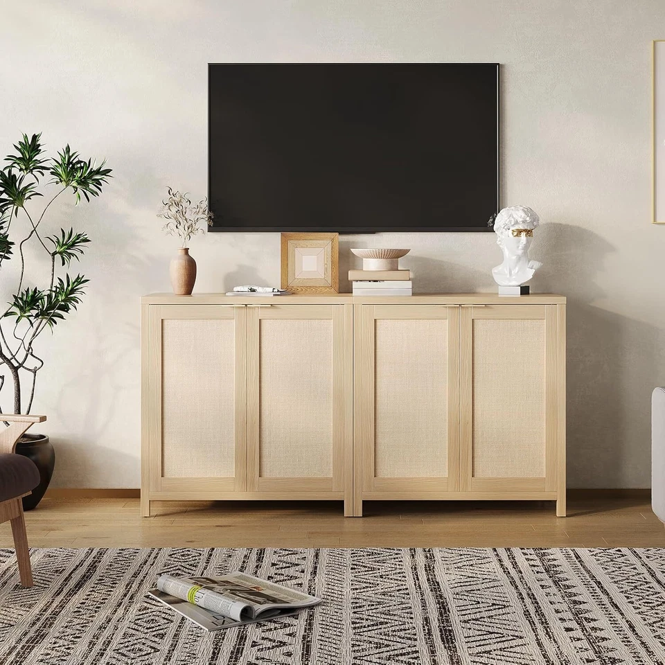 Armário de armazenamento de vime com portas e prateleiras ajustáveis aparador armário buffet - Imagem 3 de 4