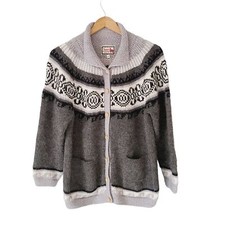Vintage 100 Alpaca Cardigan Gray Handmade Fair Isle Size Small grandpa Granny