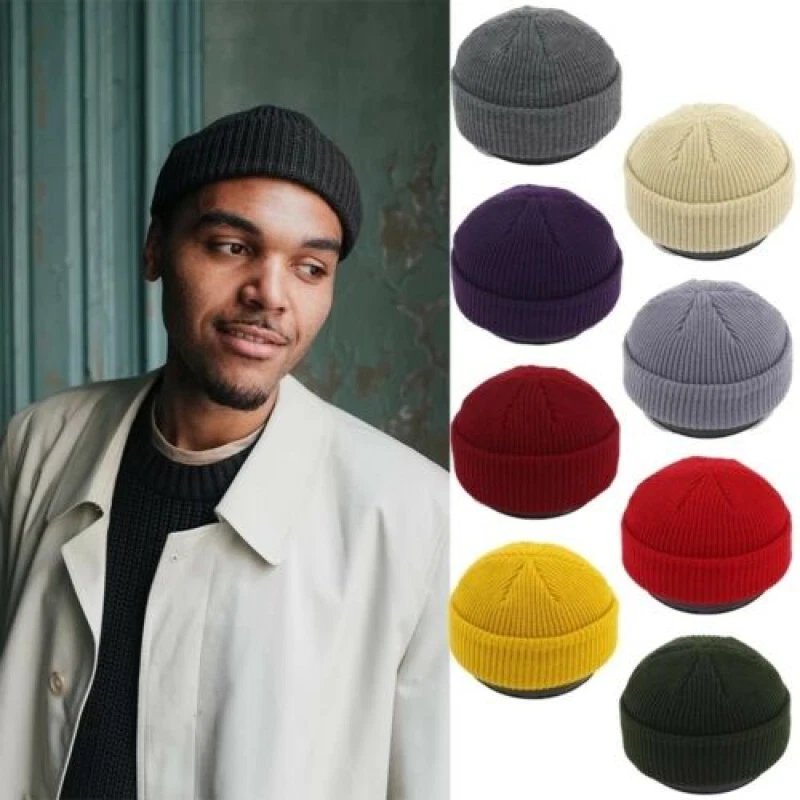 Mens Fisherman Beanie Hat Winter Ribbed Plain Warm Knitted Skull