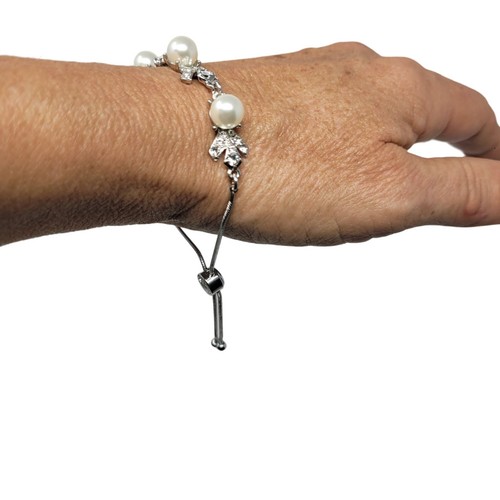 Charter Club Women's Bolo Slide Bracelet Silver Tone Faux Pearl Rhinestone - Picture 5 of 9