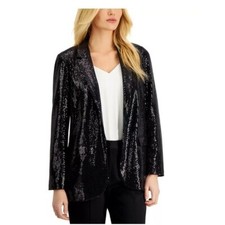 NWT Women 138 T TAHARI Women's Sequined Open-Front Blazer Black SZ-2