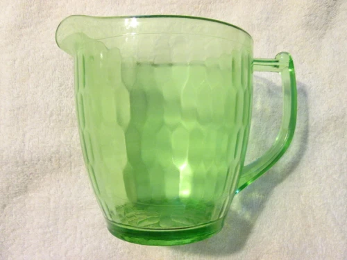 Jeanette Uranium Vaseline Glass Pitcher Hex Optic Circa 1928 - 1932