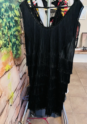 Women's Black Beaded Fringe Chiffon Shift Dress Party/Cocktail Knee One Size XL