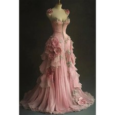 Pink Rose Vintage Wedding Dress Spaghetti Straps Beaded Applique Pleated Gown