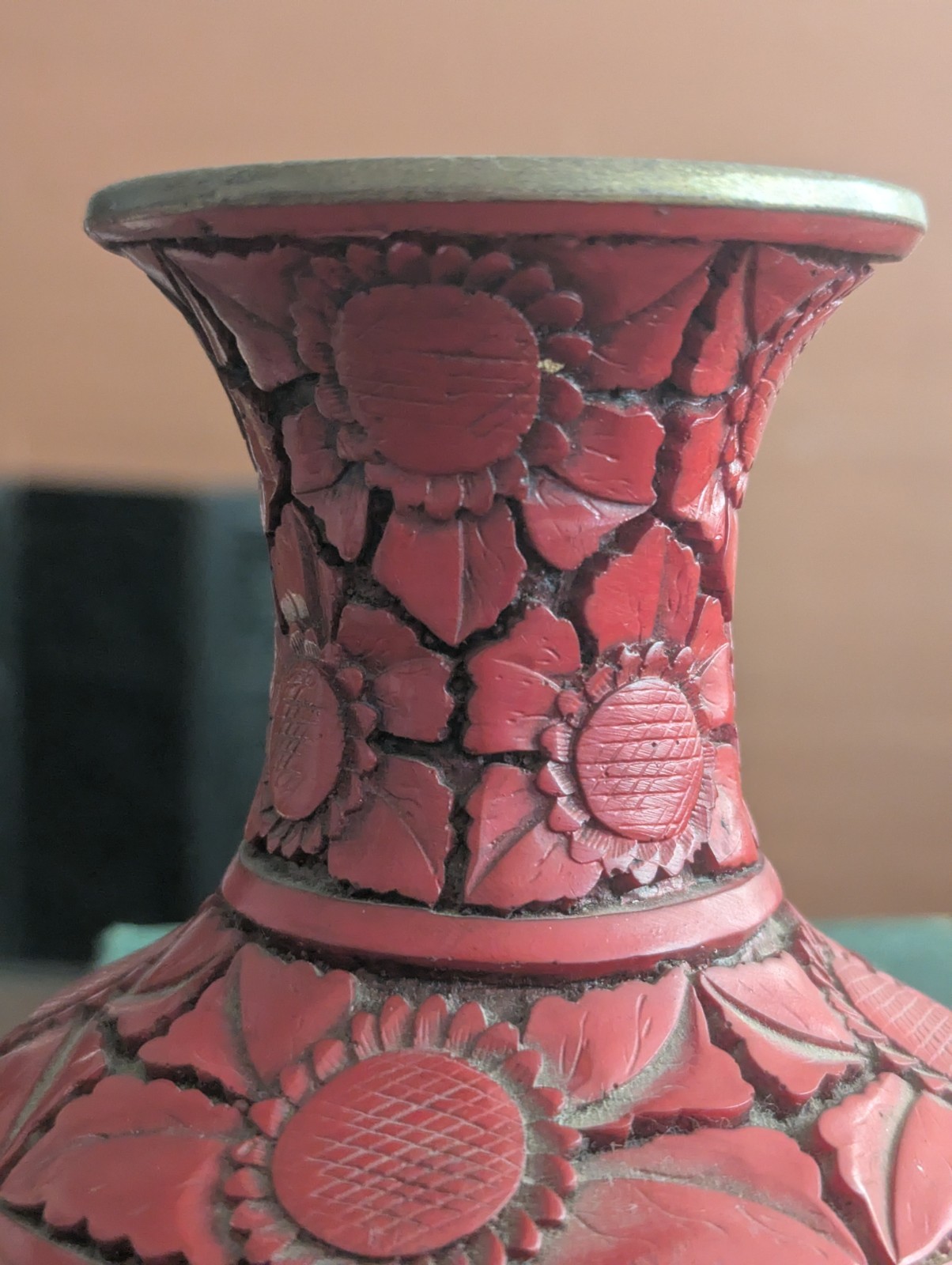 Vtg Floral Cinnabar Vase Scenic Panel Art 9 in Chinoiserie Decor Brass Interior