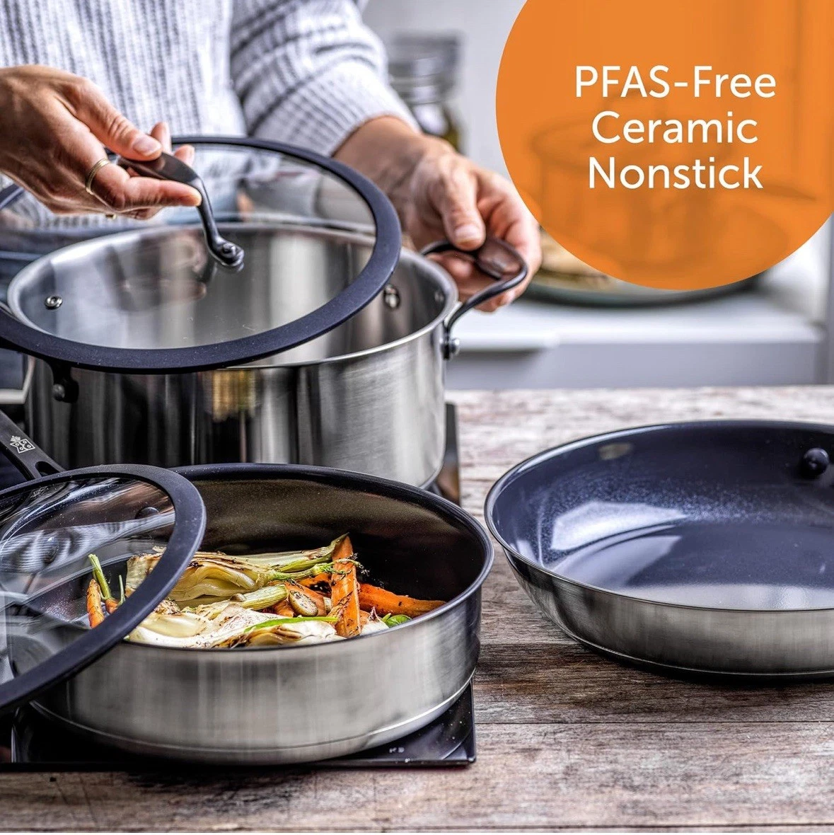 BK Ceramic Black Stainless Steel 7-Piece Cookware Pots & Pans Set with PFAS-Free