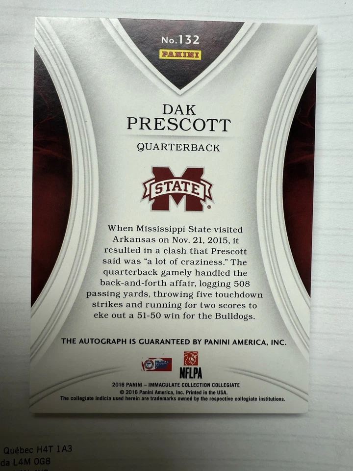 2016 Immaculate Collection Collegiate Dak Prescott RC Rookie Auto 14/99 - Image 2 of 2