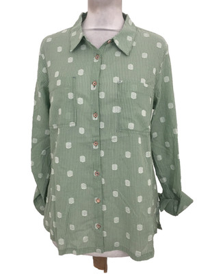 White Stuff Women's Shirt Size 10 Green Stripe Embroidery Spot L/Sleeve Tab New