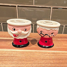 Wales Japan Ceramic Santa & Mrs. Claus candle holders w/foil sticker Set of 2