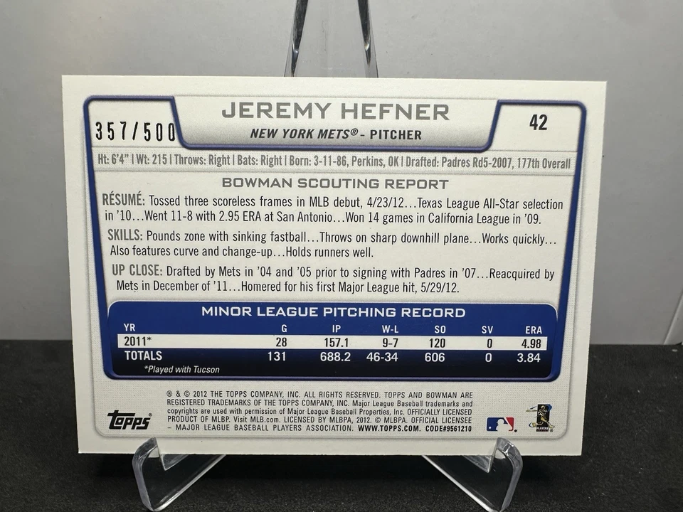 2012 Bowman Draft Blue /500 Jeremy Hefner #42 Rookie RC - Image 2 of 2