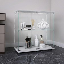 2-Tier Glass Display Cabinet w/Bluetooth LED Light Strip Wheels, 2-Door Cabinet
