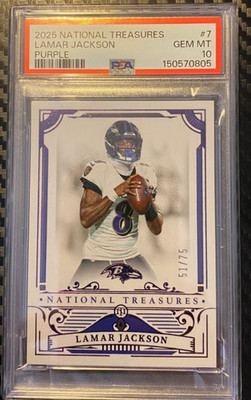 2025 National Treasures Lamar Jackson Purple Color Match 51/75 PSA 10 POP 1