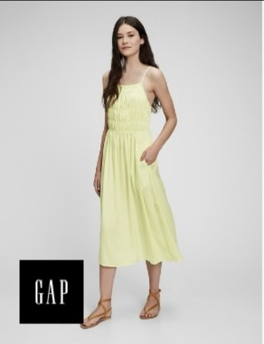 GAP Yellow Chambray Cotton Smocked Square Neck Sleeveless Midi Dress  Pockets | eBay