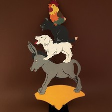 1950er Mertens-Kunst: Große Bremer Stadtmusikanten Märchen-Holzbild 36cm MÄNGEL