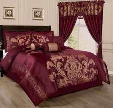 California King Bed Burgundy Maroon Gold Floral Damask 7 pc Comforter Set NEW