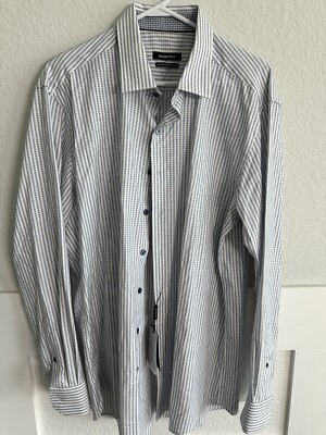 Bugatchi Shirt Mens 16.5 42 Classic Fit Superfine Stretch Cotton Blue White
