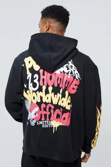 信州まなぶ　菊Puff print  Hoodie BLACK×WHITE Men's Black puff printing Oversized Hoodie – Worldwide Official