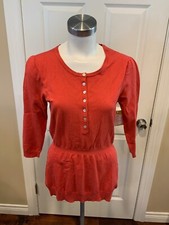 BCBG Max Azria Red Long Button Pop Over Henley Shirt, Size Large