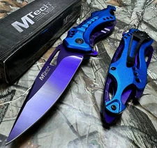 M-Tech Spring Assisted Purple Blade Blue Handle Tactical Pocket Knife!