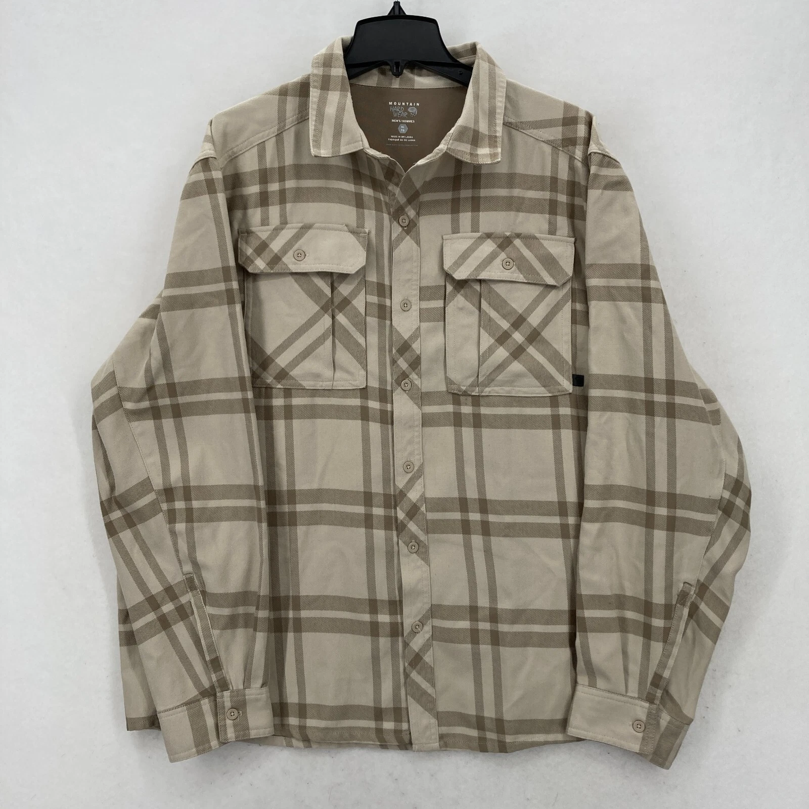 Mountain HardWear Flannel Shirt Mens XL Beige Plaid Outdoors Hiking Travel Camp