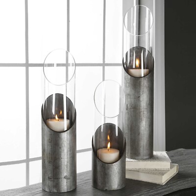 Uttermost 17518 Karter Raw Iron and Clear Glass Cylinder Candleholders SET OF 3