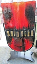 DECORATIVE HAND CRAFTED & DECORATED ART GLASS ORANGE MULTI-COLOR VASE, 14 3/4"