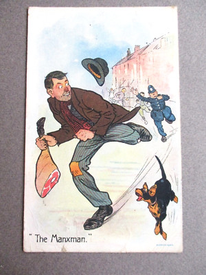 Comic Postkarte Der Manxman läuft weg mit einem Lammbein Polizist Hund 1910