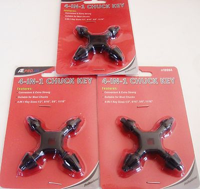 3 ATE PRO 4-WAY CHUCK KEY KEYS Fits 3/8 & 1/2'' DRILL CHUCKS SPINDLE PRESS #19904