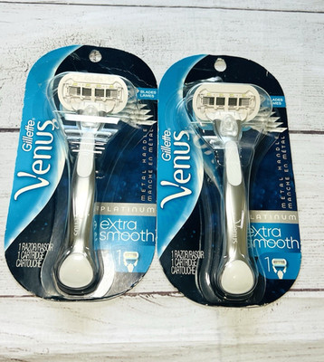 2 Gillette Venus Extra Smooth Platinum Women's Razor Metal Handle 5 Blades New