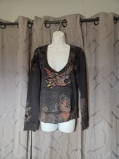 Vintage Lucky Brand Crane Bird Asian Dark Gray Hoodie Sweatshirt M