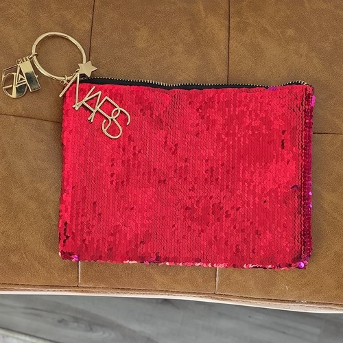 NARS Red Pink Sequin Pouch Gold Key Chain Zip Closure for Women cosmetic bag