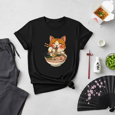 Cat Eating Ramen T-Shirt, Funny Animal Lover Shirt, Kawaii Noodle Kitty Top