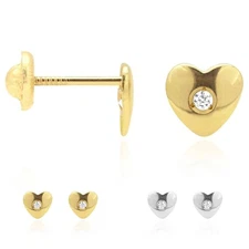 14K Yellow White Gold White Zircon Heart Screw Back Stud Kids Earrings 6mm