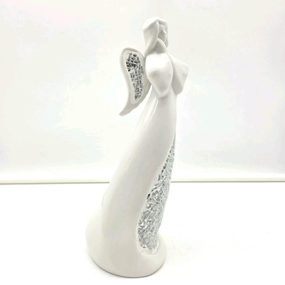 Estatuilla de ángel de cerámica blanca de 10" - Alas de mosaico de cristal agrietado - Decoración elegante Foto 2 de 4