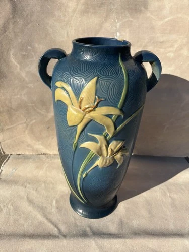 Roseville Vintage Art Pottery Zephyr Lily Handled Vase, 141-15, Bermuda Blue